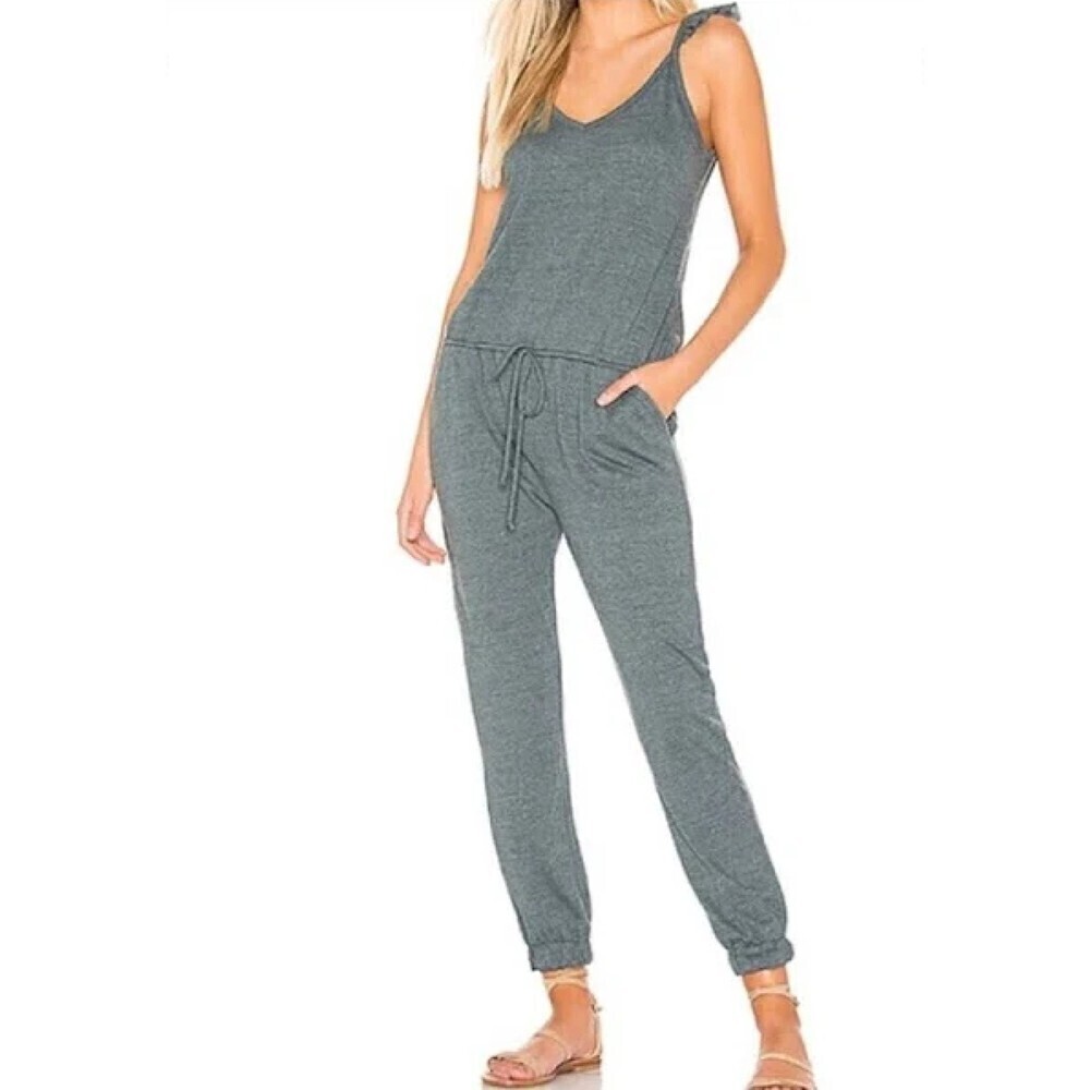 NWT CHASER Heather Gray Flutter Sleeve Waist Tie Comfy Jogger Jumpsuit Medium